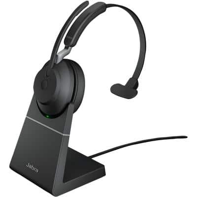 Jabra Evolve2 65 Wireless Mono Headset with Charging Stand Over the Head Noise Cancelling Bluetooth with Microphone Black