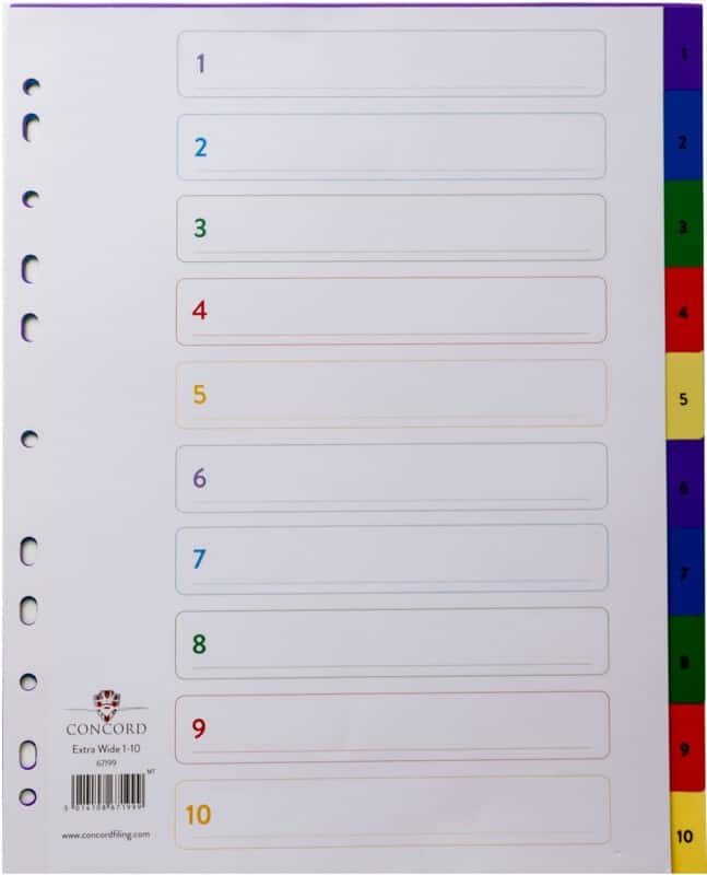 Concord 1 to 10 Numerical Dividers A4+ Assorted 10 Part PP (Polypropylene) 11 Holes Pack of 10