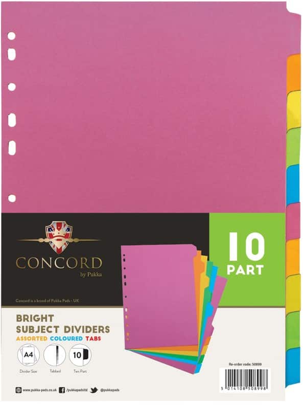 Concord Blank Blank Dividers A4 Assorted 10 Part 160 gsm Cardboard 11 Holes 10 Sheets