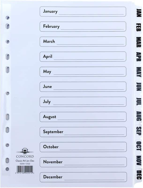 Concord Classic Jan - Dec Alphabetical Dividers A4 White 12 Part Cardboard 11 Holes Pack of 12