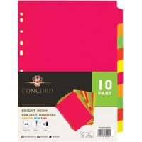 Concord Neon Blank Dividers A4 Assorted Multicolour 10 Part Manilla 11 Holes Pack of 10