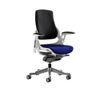 Dynamic Synchro Tilt Executive Chair Fixed Arms Zure Stevia Blue Seat, White Frame Without Headrest High Back