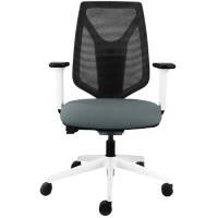 Synchro Tilt Office Chair 2D Armrest Ultra Black Mesh High Back, White Frame, Dark Grey Fabric Seat