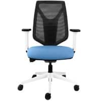 Synchro Tilt Office Chair 2D Armrest Ultra Black Mesh High Back, White Frame, Blue Fabric Seat