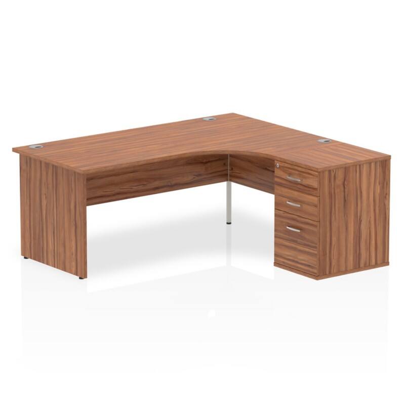 dynamic Impulse Right Hand Desk Corner Walnut Base panel 3 Drawers 1 Pedestal 1,800 (W) x 1,630 (D) x 730 (H) mm MFC (Melamine Faced Chipboard)