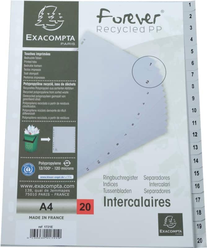 Exacompta 1 to 20 Numerical Dividers 100% Recycled A4 Portrait Grey 20 Part PP (Polypropylene) 11 Holes 1721E Pack of 20
