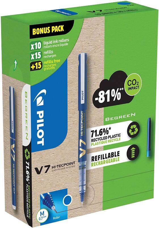Pilot Rollerball Pen 0.5 mm V7 Blue Pack of 10 Pens and 30 Refills