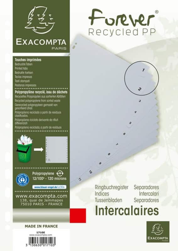 Exacompta 1 to 10 Numerical Dividers 100% Recycled A4 Grey 10 Part PP (Polypropylene) 11 Holes 1710E