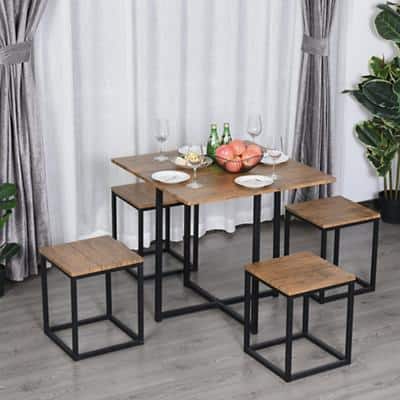 Homcom Set of 1 Industrial Table and 4 Stools Black Brown 800 x 75.5 x 755 mm