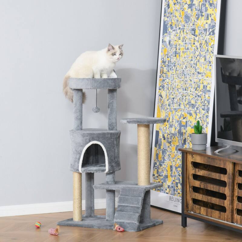 PawHut Cat Tree Tower Condo Platform Light Grey