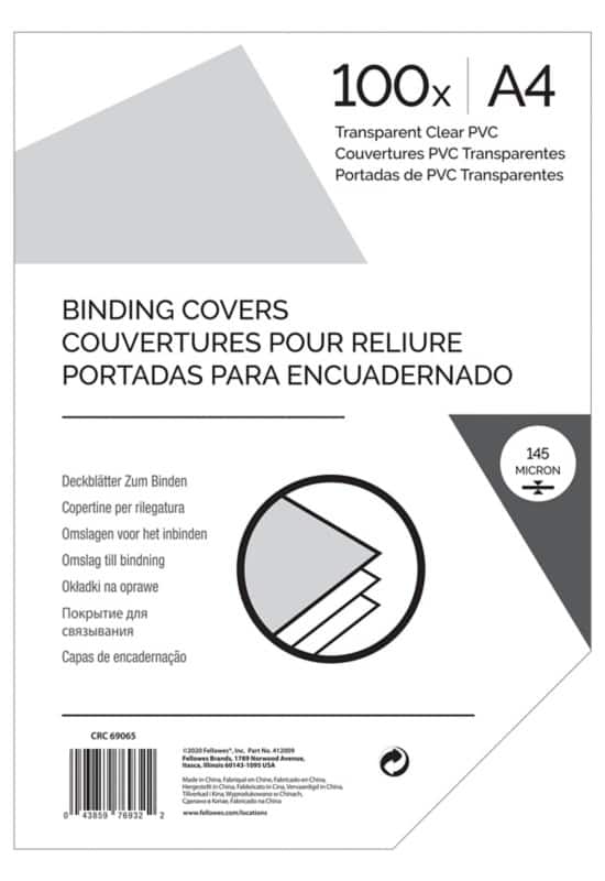 Binding Cover A4 145 microns PVC (Polyvinyl Chloride) Transparent Pack of 100