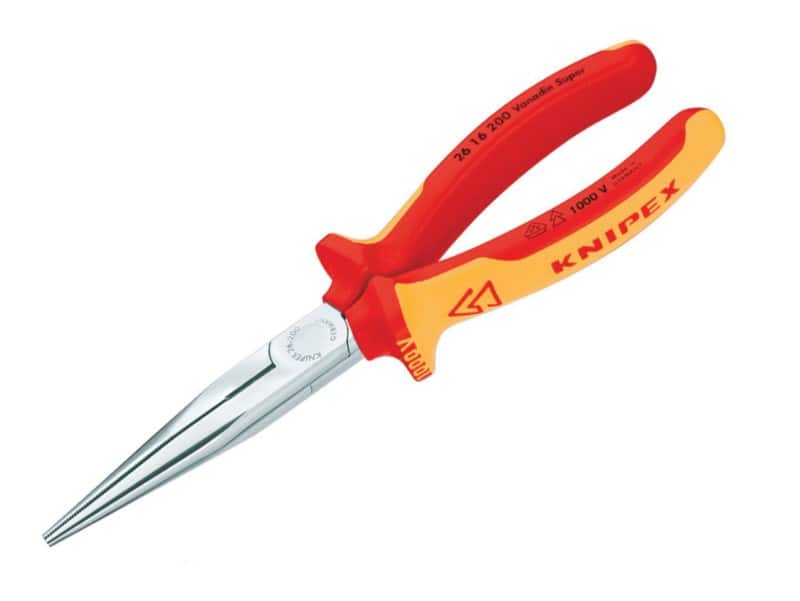 Knipex Long Snipe Nose Side Cutting Pliers with Plastic Handle 26 16 200 SB 73 mm Chrome Vanadium Steel Silver