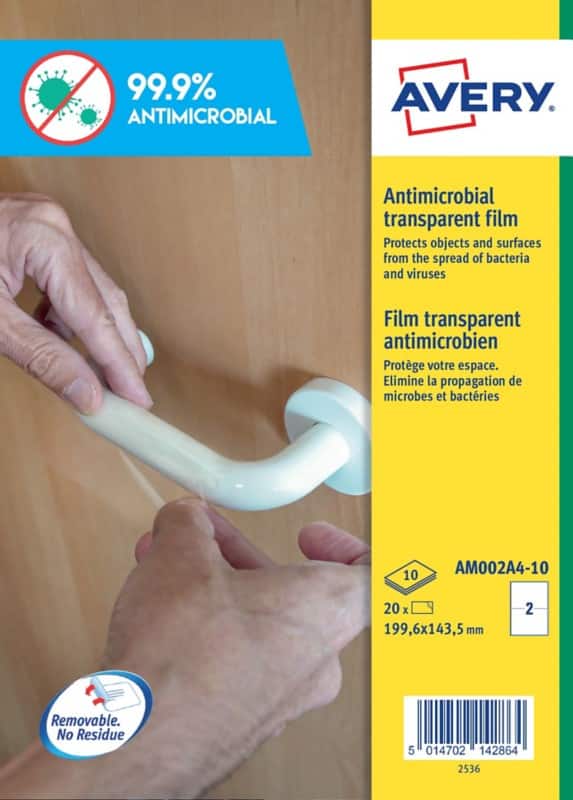 Avery Antimicrobial Surface Film Removable Self-Adhesive 199.6 x 143.5mm Clear 10 Sheets of 2 Label