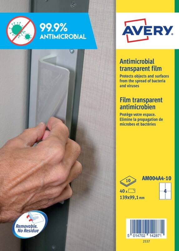 Avery Antimicrobial Surface Film Removable Self-Adhesive 139 x 99.1mm Clear 40 Sheets of 4 Label