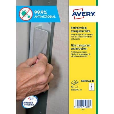 Avery Antimicrobial Surface Film Removable Self-Adhesive 139 x 99.1mm Clear 40 Sheets of 4 Label