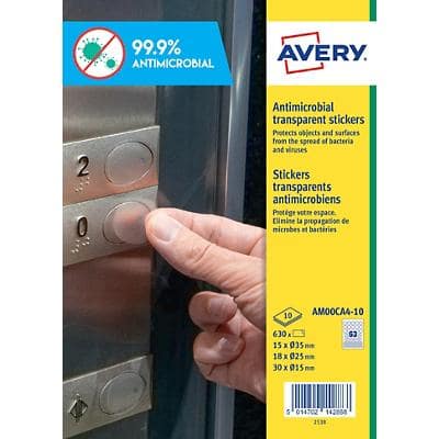 Avery Antimicrobial Surface Stickers Permanent Self-Adhesive 3.5mm x 3.5mm, 2.5mm x 2.5mm, 1.5mm x 1.5mm Clear 630 Labels