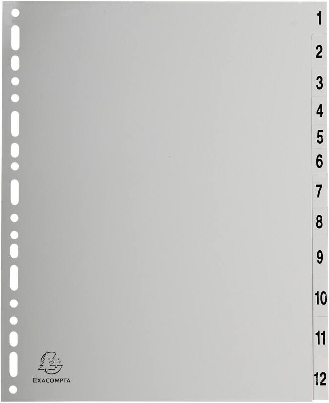 Exacompta Printed Dividers A4 Grey 12 Part Polypropylene 1 to 12 Pack of 10