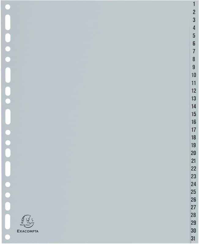 Exacompta Printed Dividers A4+ Grey 31 Part Polypropylene 1 to 31 Pack of 5
