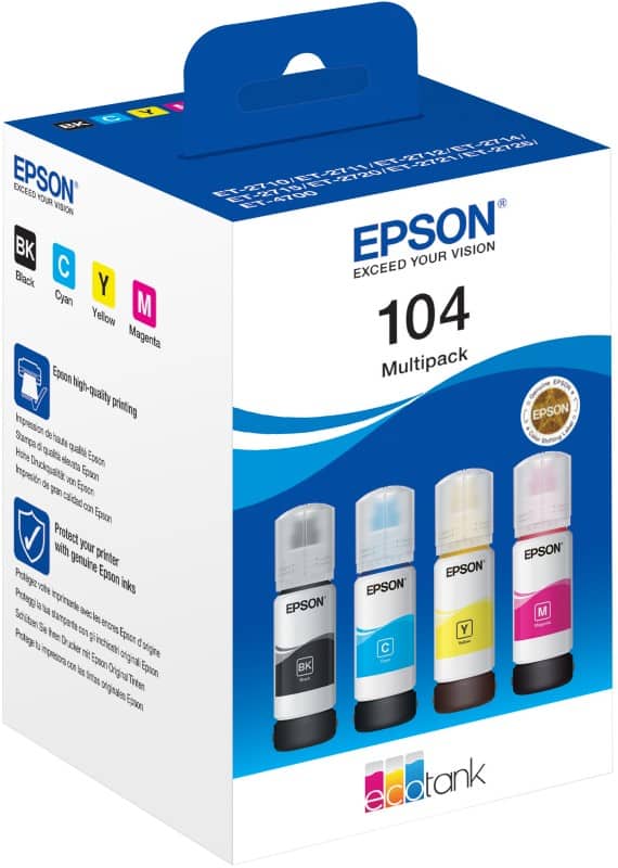 Epson 104 Original Ink Bottle C13T00P640 Black, Cyan, Magenta, Yellow Pack of 4
