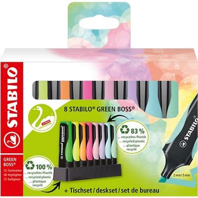 STABILO GREEN BOSS 6070/08-5 Highlighter Assorted 83 % Recycled Medium Chisel 2-5 mm Refillable Pack of 8