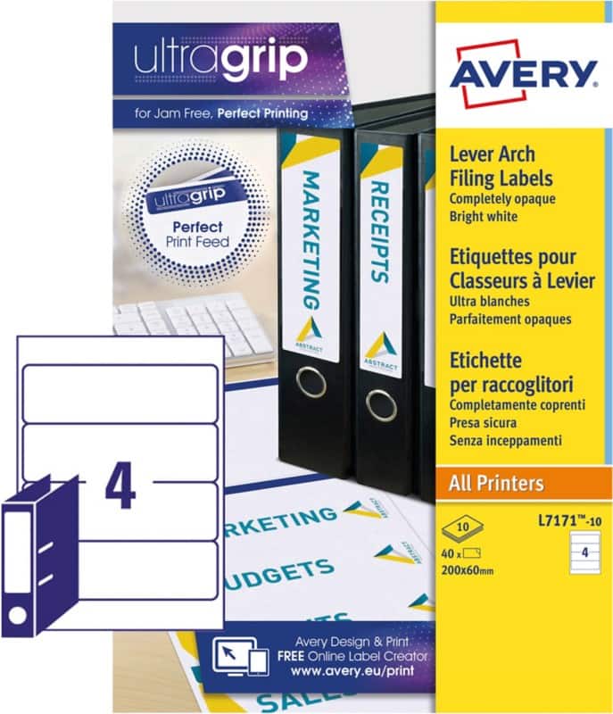 Avery Filing Labels L7171-10, 60 x 200 mm 10 Sheets of 4 Labels