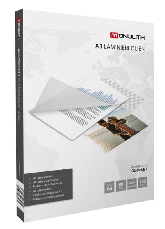 Monolith Laminating pouches A3 Clear 80 microns (2 x 80) Transparent 100 Pouches