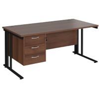 Rectangular Straight Desk Walnut Wood Cable Managed Legs Black Maestro 25 1600 x 800 x 725mm 3 Drawer Pedestal