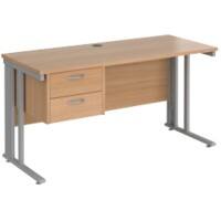 Rectangular Straight Desk Beech Wood Cable Managed Legs Silver Maestro 25 1400 x 600 x 725mm 2 Drawer Pedestal