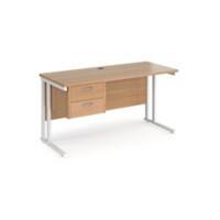 Rectangular Straight Desk with Cantilever Legs Beech Wood White Maestro 25 1400 x 600 x 725mm 2 Drawer Pedestal