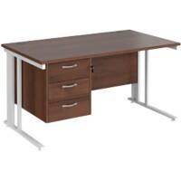 Rectangular Straight Desk Walnut Wood Cable Managed Legs White Maestro 25 1400 x 800 x 725mm 3 Drawer Pedestal