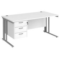 Rectangular Straight Desk White Wood Cable Managed Legs Silver Maestro 25 1600 x 800 x 725mm 3 Drawer Pedestal