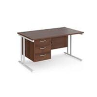 Rectangular Straight Desk Walnut Wood Cantilever Legs White Maestro 25 1400 x 800 x 725mm 3 Drawer Pedestal