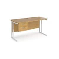 Rectangular Straight Desk Oak Wood Cantilever Legs White Maestro 25 1400 x 600 x 725mm 2 Drawer Pedestal