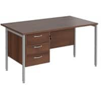 Rectangular Straight Desk Walnut Wood H-Frame Legs Silver Maestro 25 1400 x 800 x 725mm 3 Drawer Pedestal