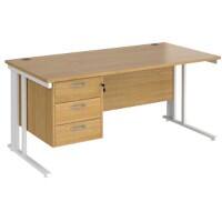 Rectangular Straight Desk Oak Wood Cable Managed Legs White Maestro 25 1600 x 800 x 725mm 3 Drawer Pedestal