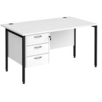 Rectangular Straight Desk White Wood H-Frame Legs Black Maestro 25 1400 x 800 x 725mm 3 Drawer Pedestal