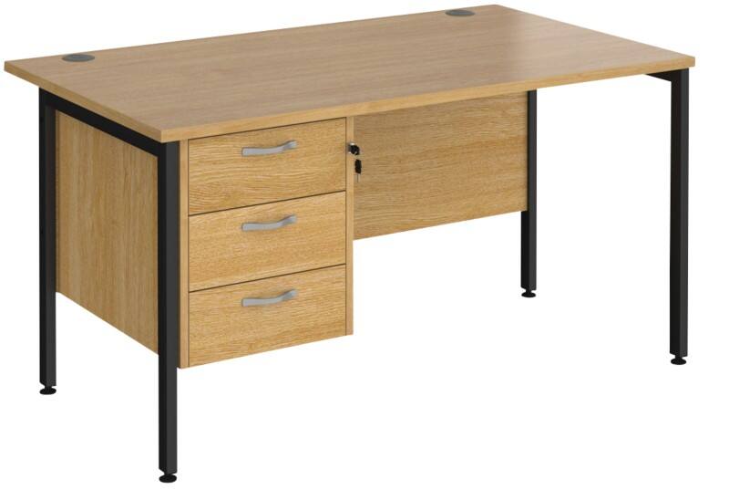 Rectangular Straight Desk Oak Wood H-Frame Legs Black Maestro 25 1400 x 800 x 725mm 3 Drawer Pedestal