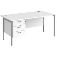 Rectangular Straight Desk White Wood H-Frame Legs Silver Maestro 25 1600 x 800 x 725mm 3 Drawer Pedestal