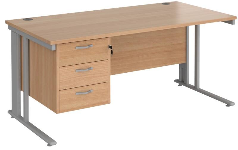 Rectangular Straight Desk Beech Wood Cantilever Legs Silver Maestro 25 1600 x 800 x 725mm 3 Drawer Pedestal