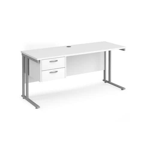 Rectangular Straight Desk White Wood Cantilever Legs Silver Maestro 25 1600 x 600 x 725mm 2 Drawer Pedestal