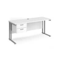 Rectangular Straight Desk White Wood Cantilever Legs Silver Maestro 25 1600 x 600 x 725mm 2 Drawer Pedestal