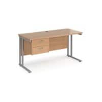 Rectangular Straight Desk Beech Wood Cantilever Legs Silver Maestro 25 1400 x 600 x 725mm 2 Drawer Pedestal