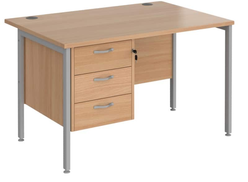 Rectangular Straight Desk Beech Wood H-Frame Legs Silver Maestro 25 1200 x 800 x 725mm 3 Drawer Pedestal