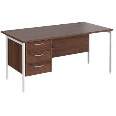Rectangular Straight Desk Walnut Wood H-Frame Legs White Maestro 25 1600 x 800 x 725mm 3 Drawer Pedestal