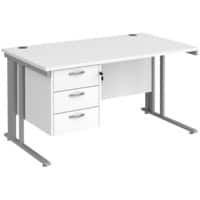 Rectangular Straight Desk White Wood Cable Managed Legs Silver Maestro 25 1400 x 800 x 725mm 3 Drawer Pedestal