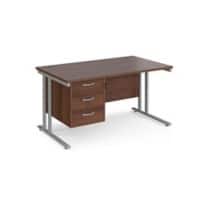 Rectangular Straight Desk Walnut Wood Cantilever Legs Silver Maestro 25 1400 x 800 x 725mm 3 Drawer Pedestal