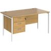 Rectangular Straight Desk Oak Wood H-Frame Legs White Maestro 25 1400 x 800 x 725mm 3 Drawer Pedestal