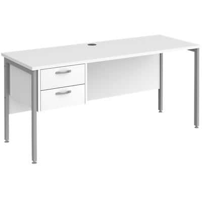 Rectangular Straight Desk White Wood H-Frame Legs Silver Maestro 25 1600 x 600 x 725mm 2 Drawer Pedestal