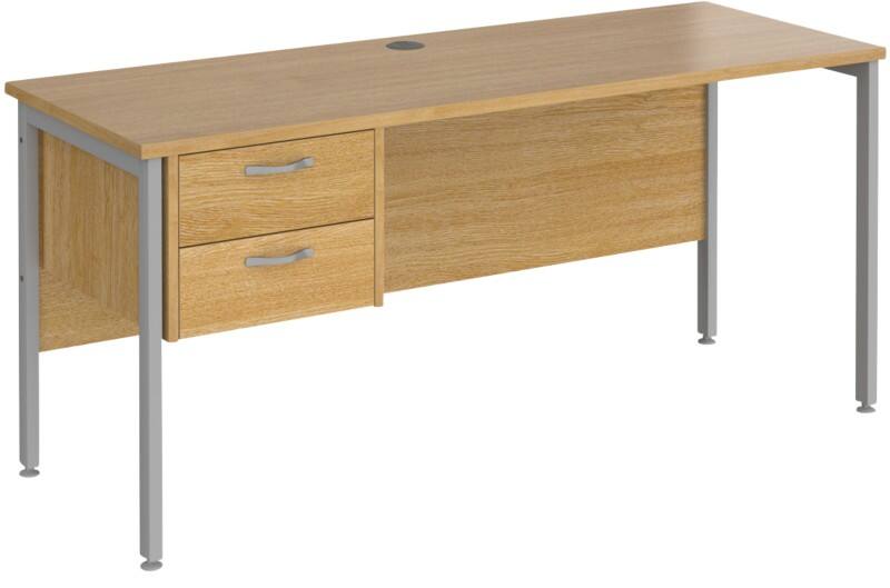 Rectangular Straight Desk Oak Wood H-Frame Legs Silver Maestro 25 1600 x 600 x 725mm 2 Drawer Pedestal