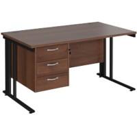 Rectangular Straight Desk Walnut Wood Cable Managed Legs Black Maestro 25 1400 x 800 x 725mm 3 Drawer Pedestal